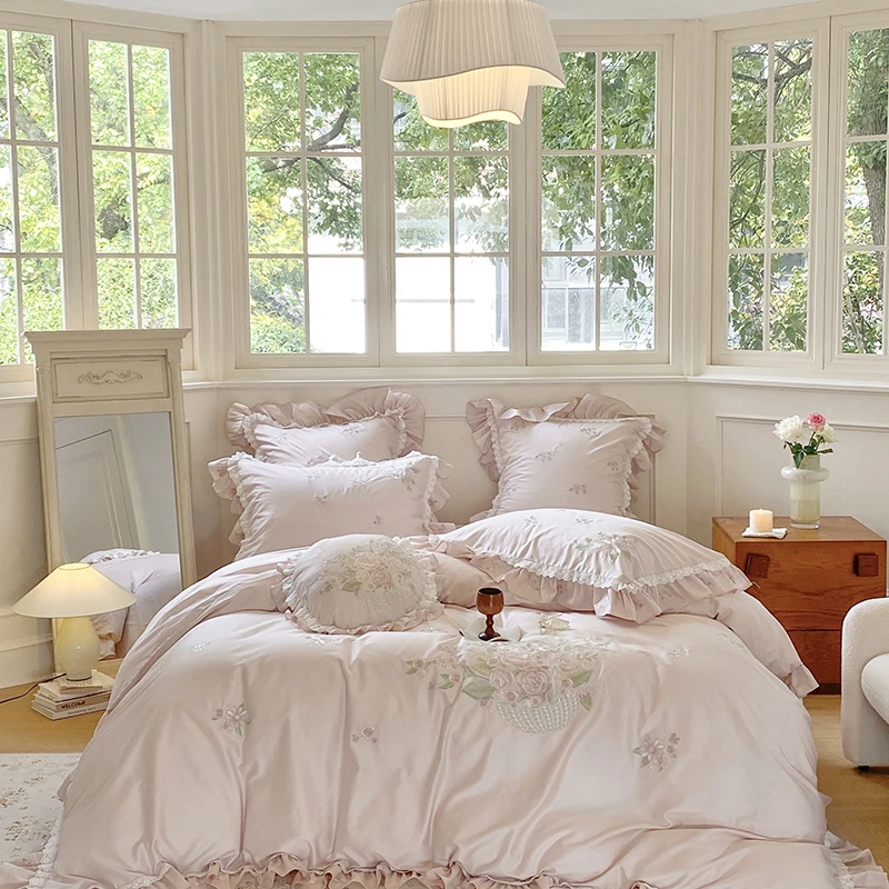 水星高级感上档次新款公主风蕾丝全棉100长绒棉高档纯棉四件套