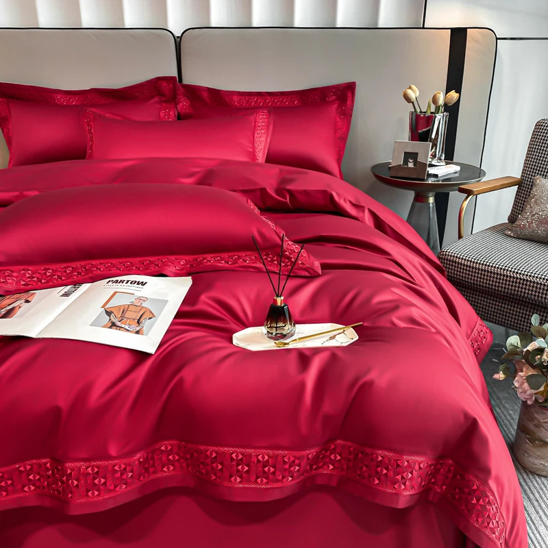 水星高级感200支匹马棉全棉婚庆结婚新婚红色床上用品纯棉四件套