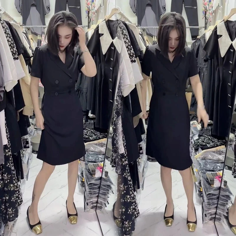 黑色夏季新款时尚清新气质西装短袖2024裙子显瘦通勤职业连衣裙潮
