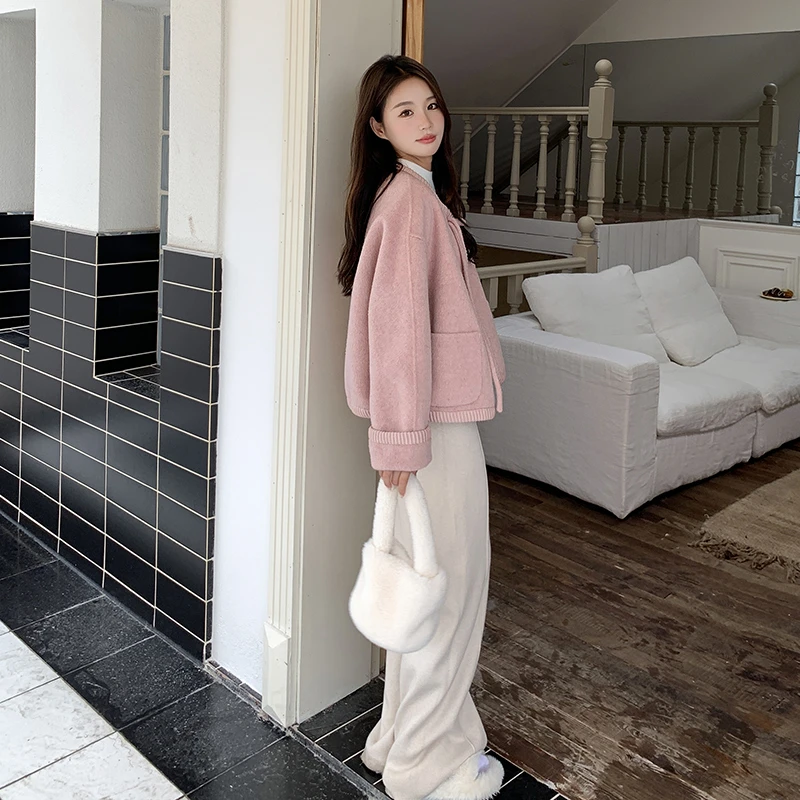 粉色气质毛呢外套女秋冬季2023新款高级感国风盘扣设计感呢子大衣