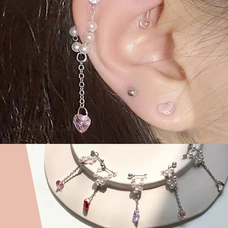 铜合金仿珍珠耳饰 小众耳蜗链甜美超闪白珠水晶爱心吊坠爱心超仙