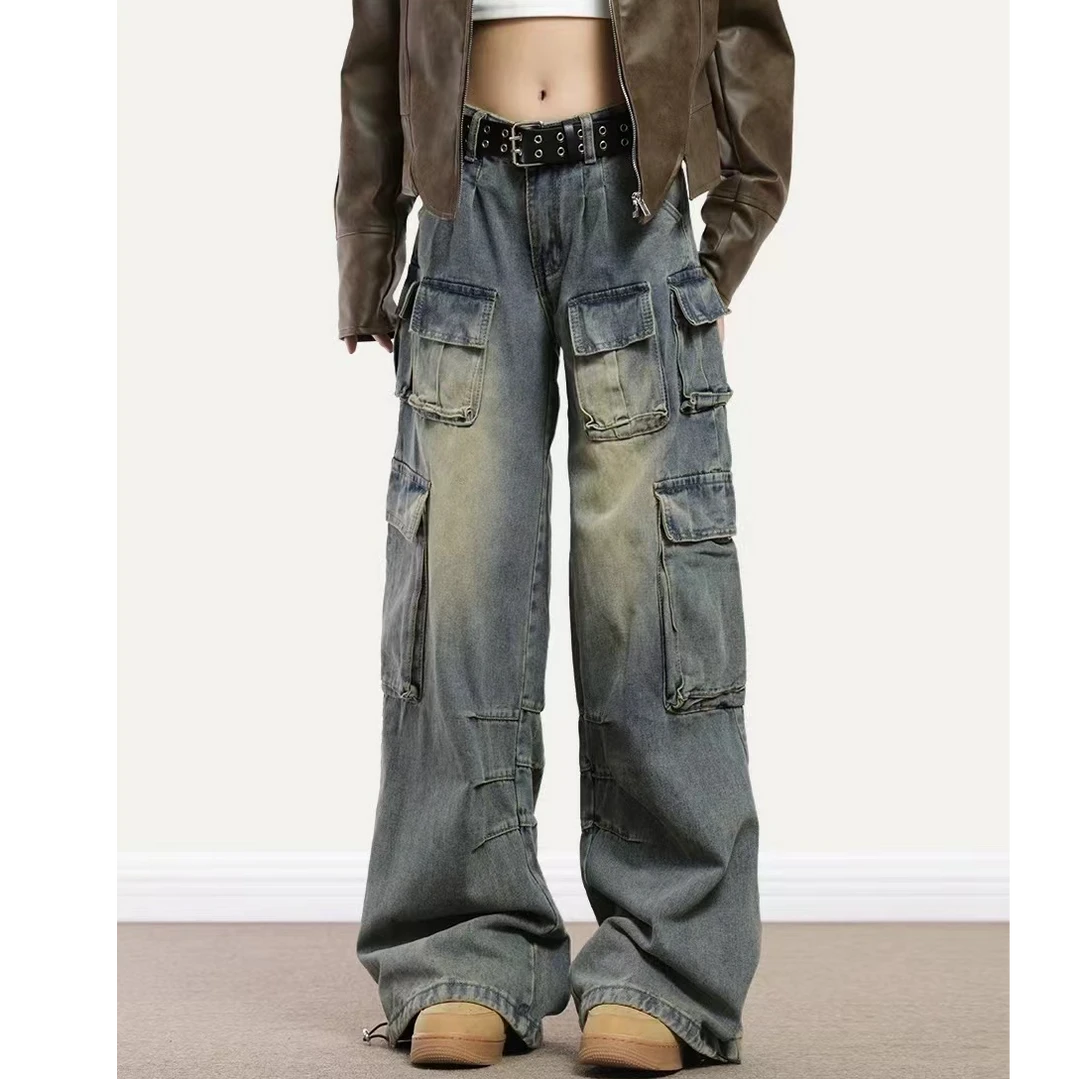 无腰带 INS设计感工装裤女多口袋美式直筒高街潮女水洗做旧款
