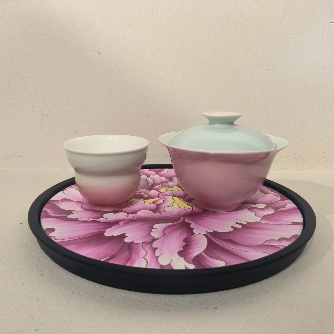 樱花粉花口盖碗 +葫芦主人杯 组合