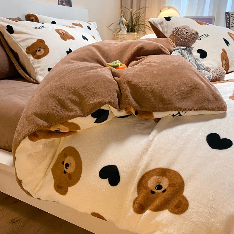 韩系可爱卡通小熊珊瑚绒床单被套四件套牛奶绒舒适学生宿舍三件套