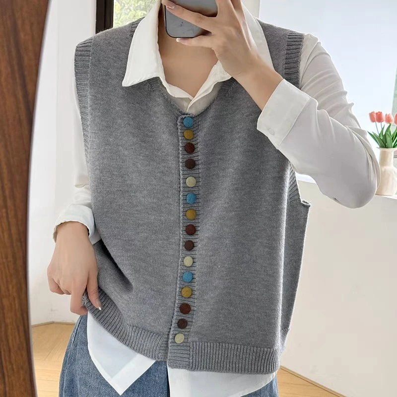 彩色扣子开衫马夹女2025秋冬网红针织衫马甲女叠穿外搭毛衣背心