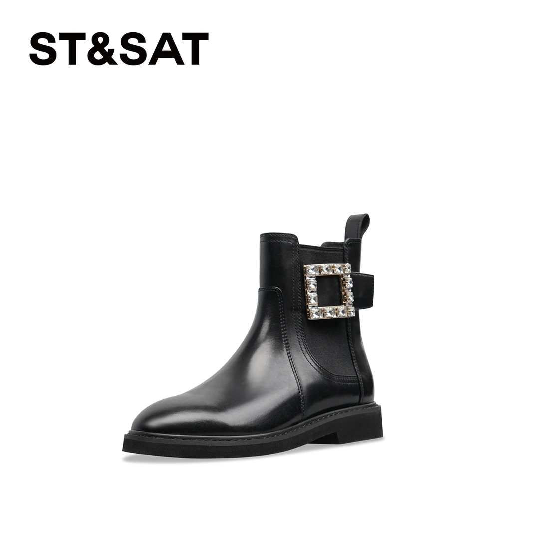 星期六新款真皮短靴银扣黑色百搭气质英伦风切尔西靴时装靴女6B3U