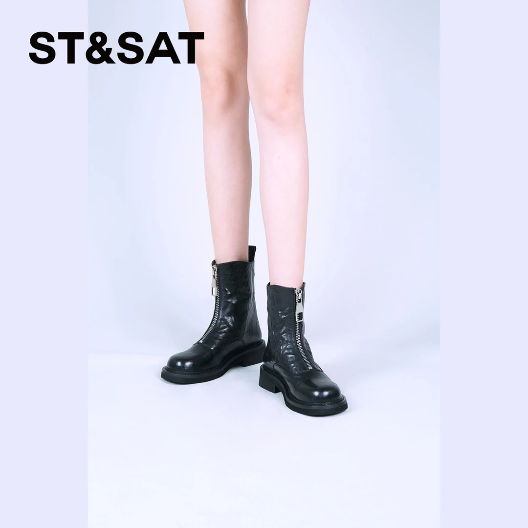 星期六女鞋英伦风切尔西靴冬圆头厚底前拉链时尚小皮鞋SS34116R36