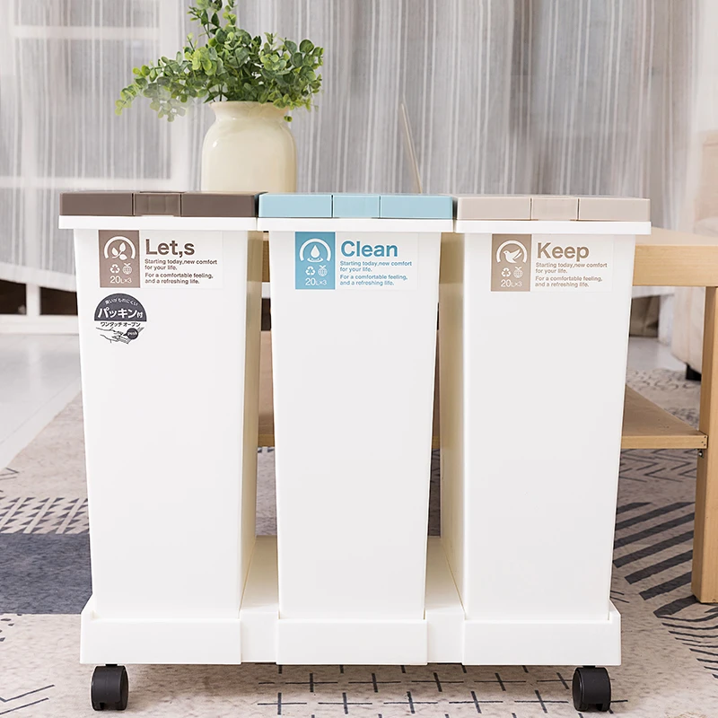 日本垃圾桶 抗菌防臭 三个装按压式 60L带轮大垃圾桶