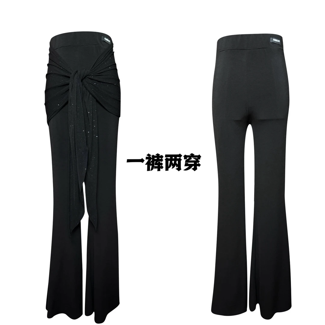 傲睨舞服2024夏季新拉丁舞服松紧腰修身微喇裤真两件拉丁舞裤Q76