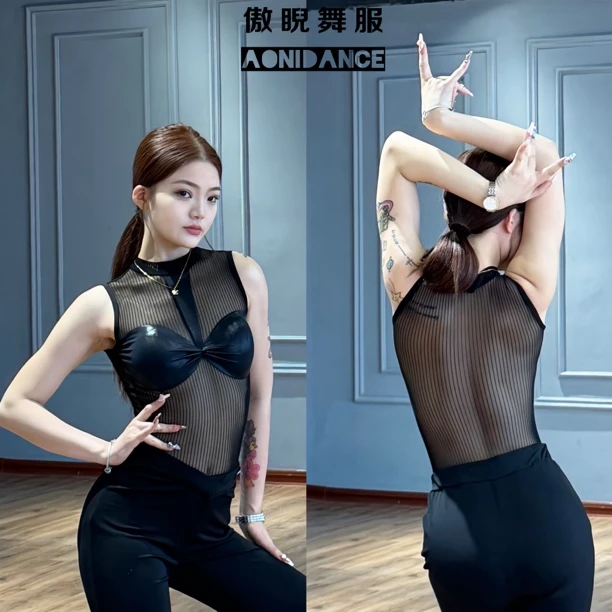 傲睨舞服2024夏季新品欧美拉丁舞服条纹无袖连体操服自带胸垫Q63