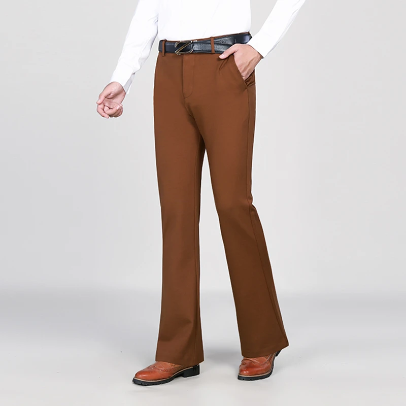 冬季厚款弹力加绒喇叭裤男商务修身阔腿大脚西裤青年休闲保暖男裤