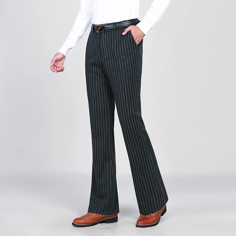 冬季厚款条纹喇叭裤男商务休闲保暖大脚弹力西裤青年修身垂感男裤