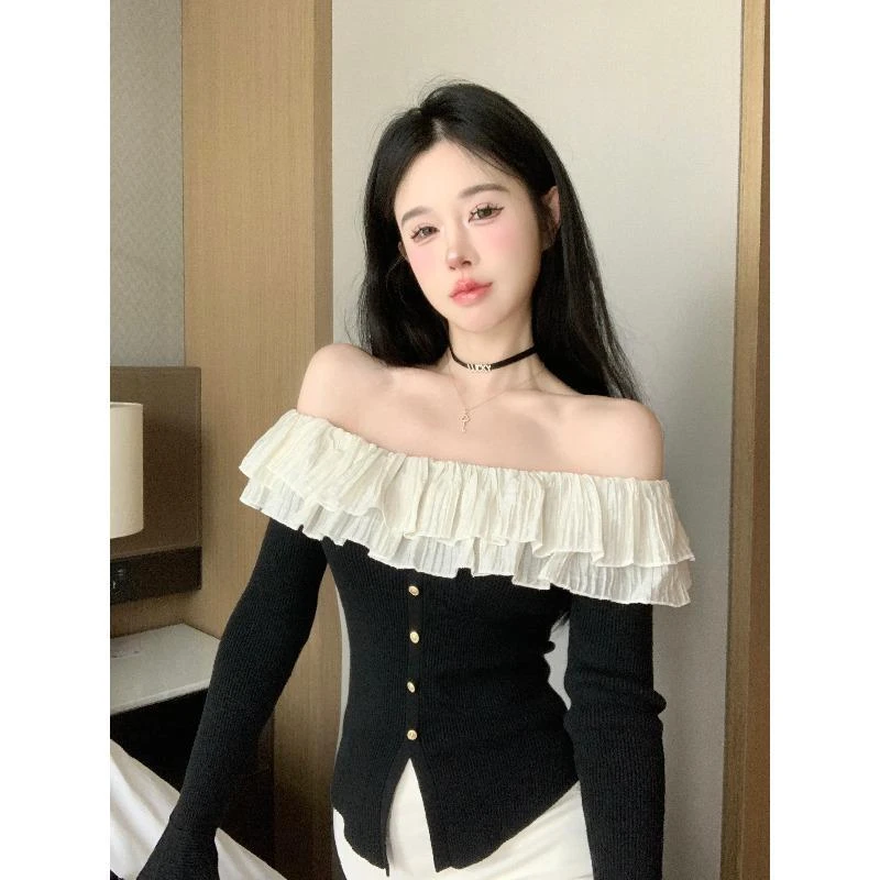 早秋荷叶边拼接显瘦长袖上衣女高级感赫本风名媛法式一字肩针织衫