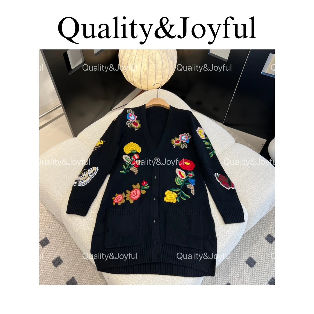 【百花盛开】2024年秋冬款刺绣花朵针织开衫中长款外套