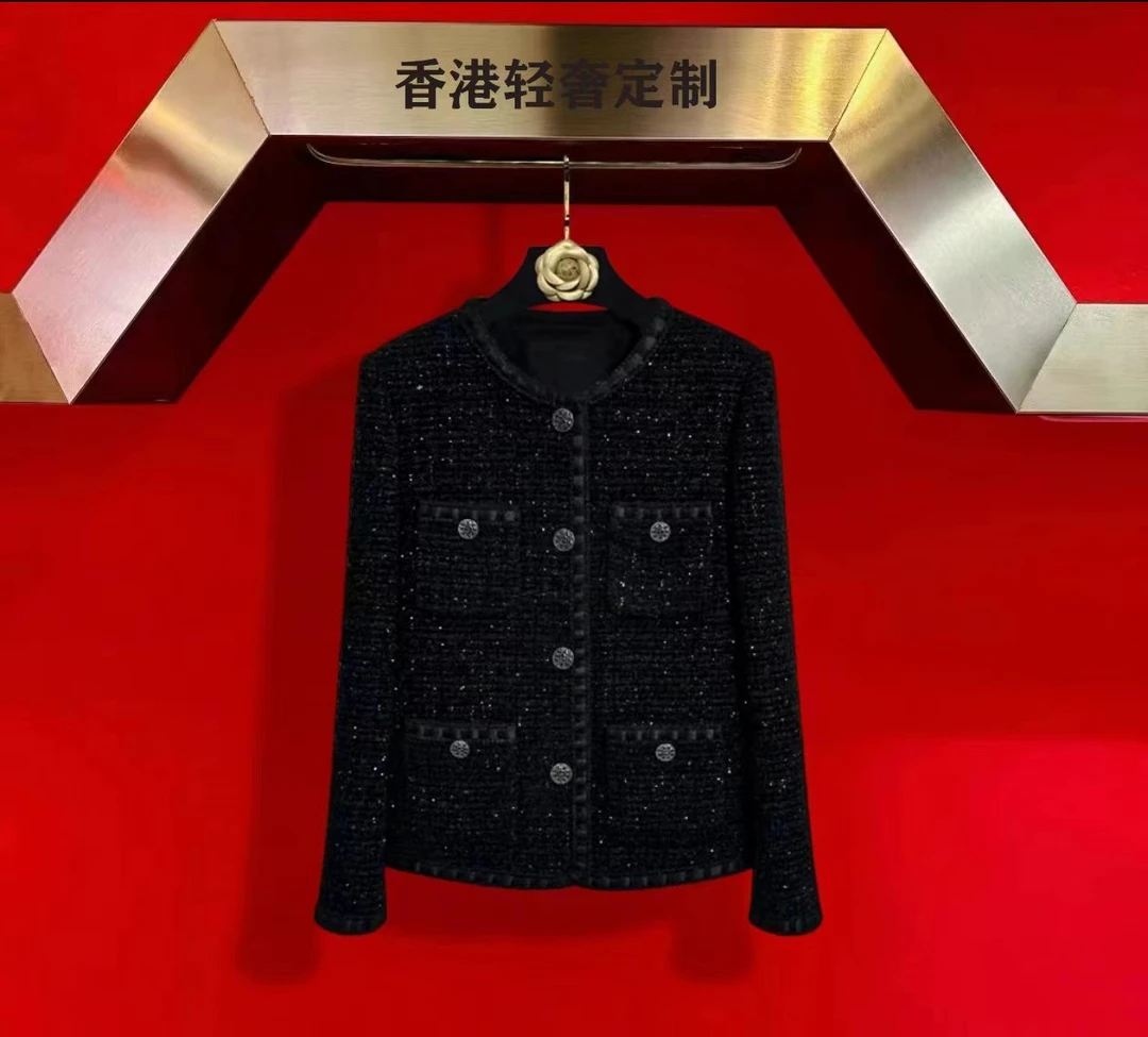 【常规】【送项链】罗马经典羊毛小香风气质外套夜莺满天星黑色小香风