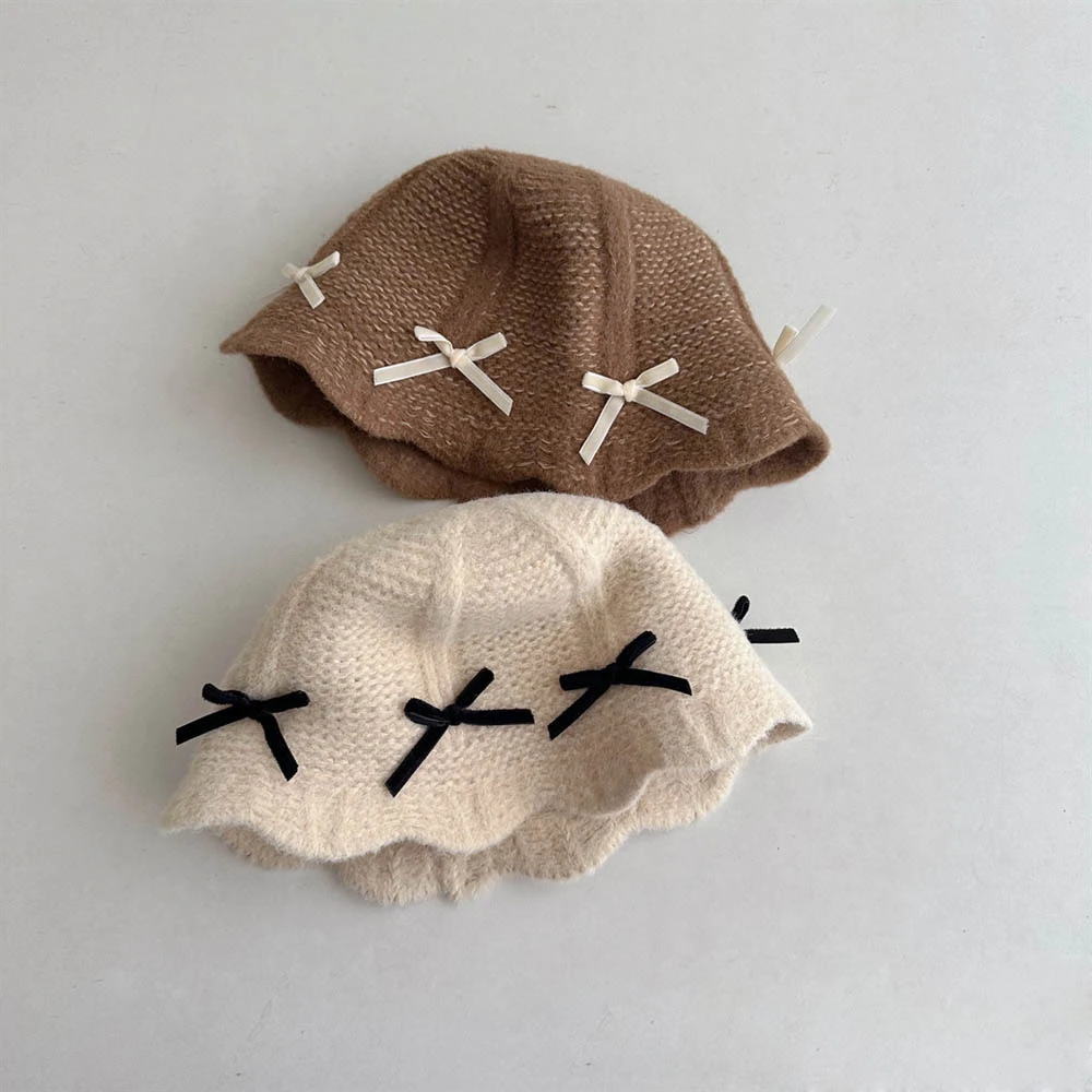 【小布丁】ins韩风儿童蝴蝶结渔夫帽秋冬针织盆帽女宝宝保暖毛线帽