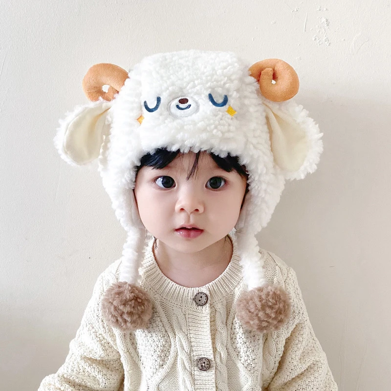 【小布丁】1-3岁宝宝帽子冬季毛绒护耳帽超萌小羊帽儿童保暖套头帽