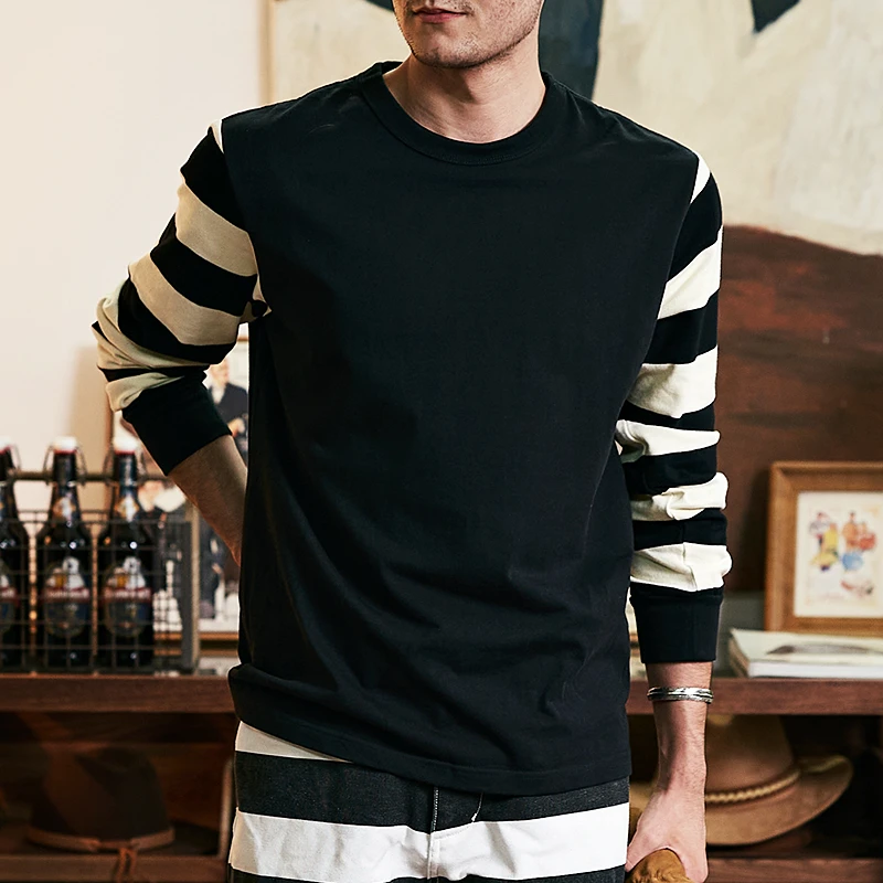 美式复古纯棉重磅机车囚服黑白条纹T恤阿美咔叽摩托车打底厚长袖