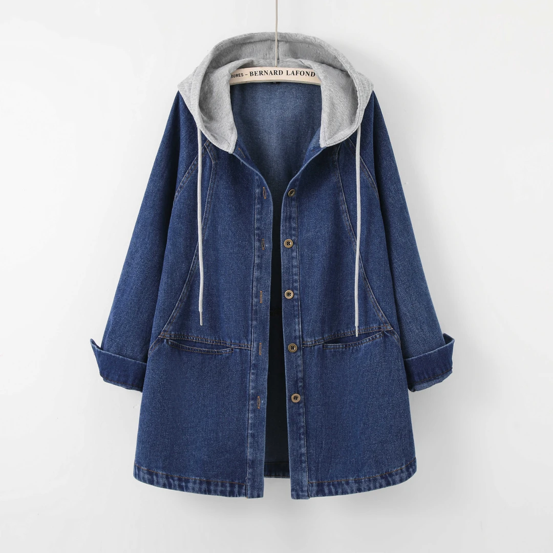 欧洲站假两件连帽牛仔外套女春秋2024新款大码休闲时尚胖妹妹女装