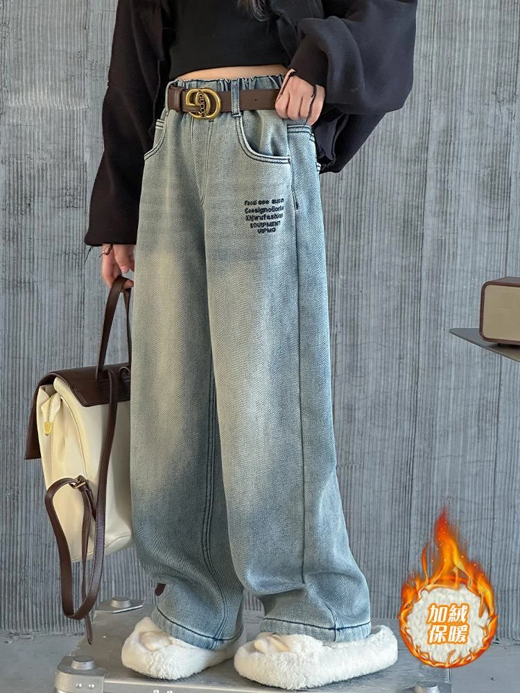 女童裤子洋气冬装2023休闲阔腿裤中大童一体绒加厚儿童保暖牛仔裤