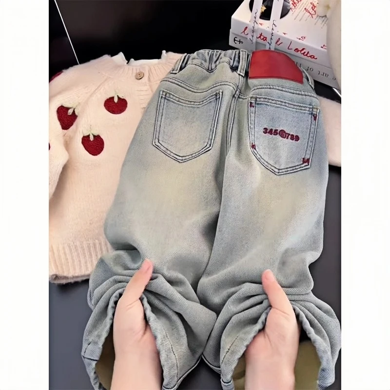 女童加绒牛仔裤秋冬款2024新款儿童冬季裤子女大童直筒阔腿裤加厚