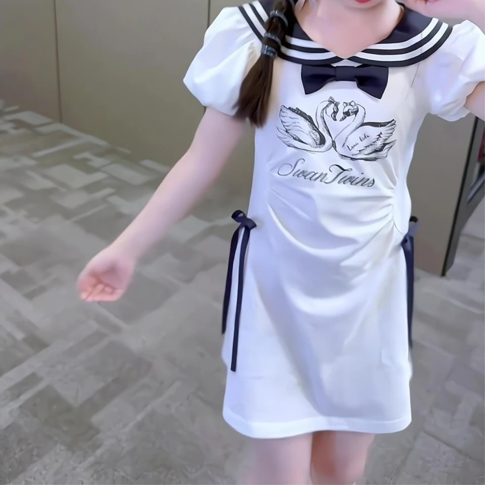海军风水手服天鹅气质时髦泡泡袖亲子连衣裙女童女孩洋气长款裙子
