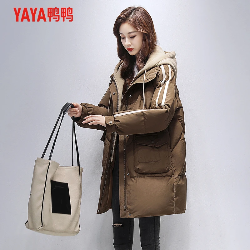 YAYA/鸭鸭羽绒服女假两件中长款2023年冬季新款潮流休闲连帽外套