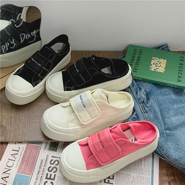 35-43夏季踩脚半托帆布鞋女魔术贴41-42大码女鞋休闲两穿半拖外穿