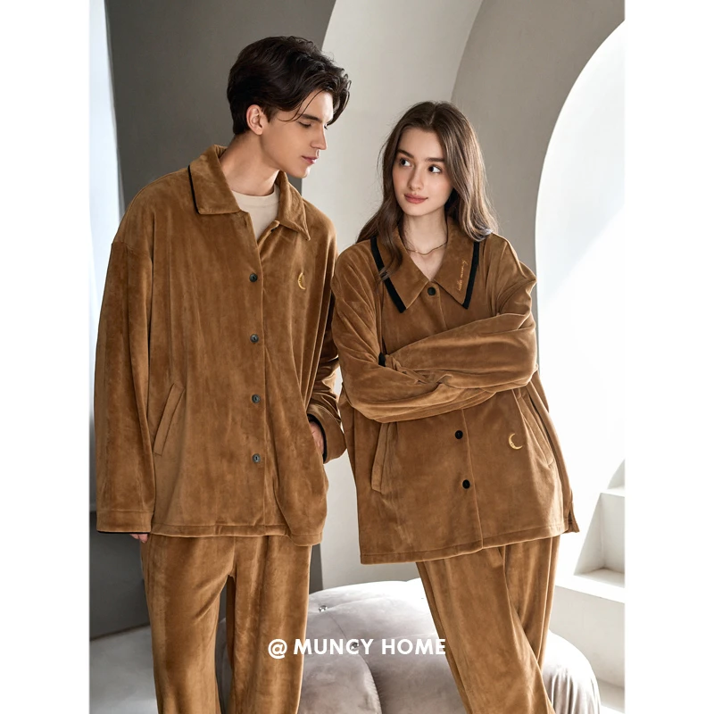 曼系“暮色沉”海岛绒情侣睡衣秋冬季简约宽松月亮家居服保暖套装