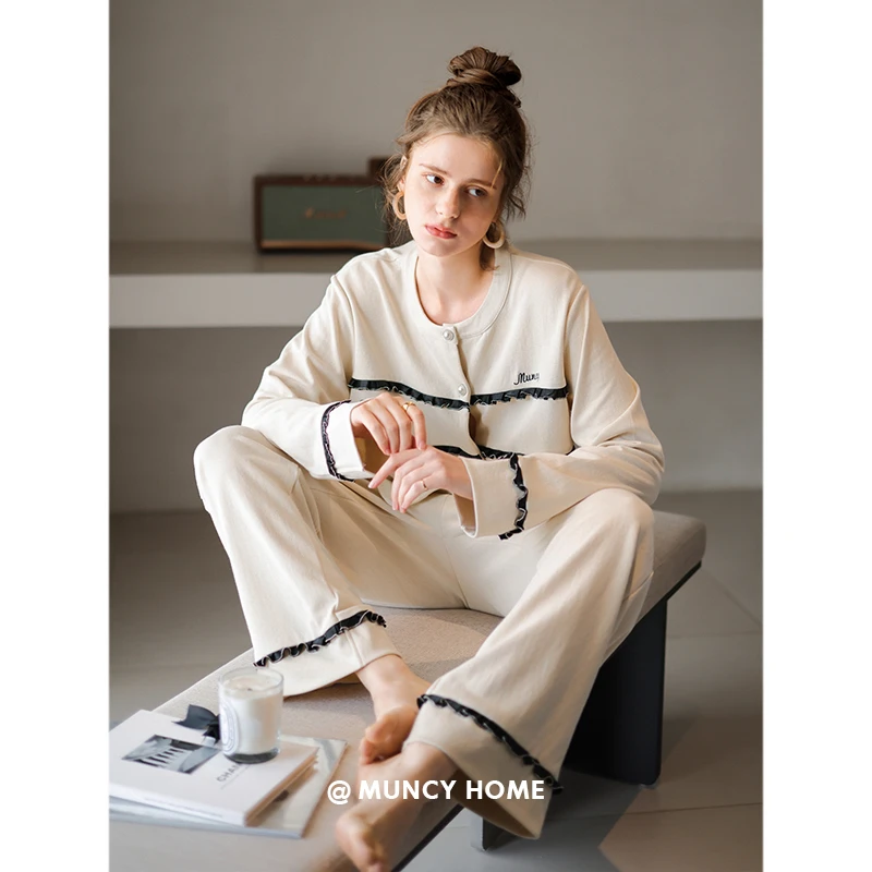 曼系纯棉睡衣女春秋季圆领时尚可外穿家居服韩版宽松长袖全棉套装