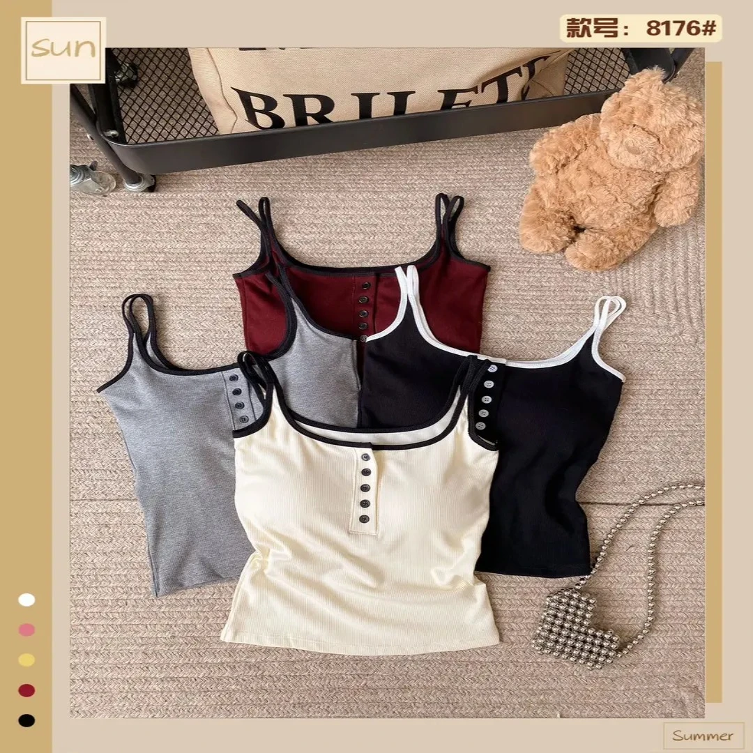 质量版5颗纽扣吊带背心女带胸垫秋冬磨毛撞色内搭保暖上衣8176