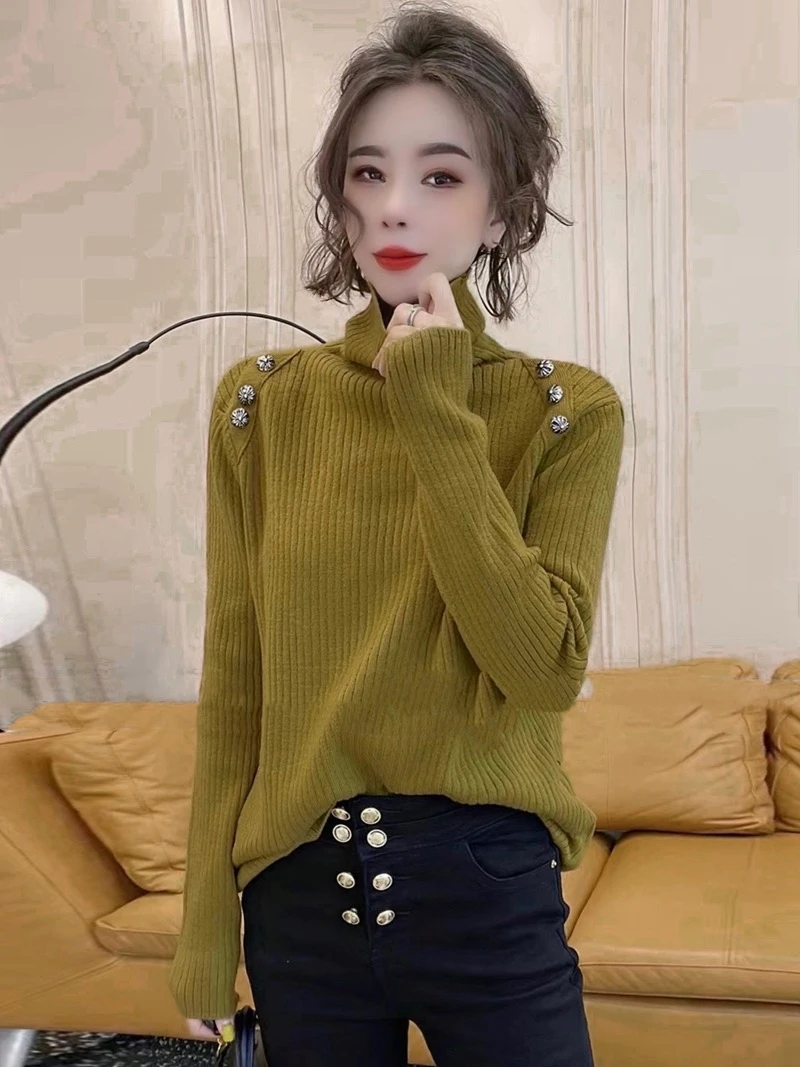 120-150斤秋冬纽扣高领毛衣女小香风洋气微胖打底外套内搭针织衫