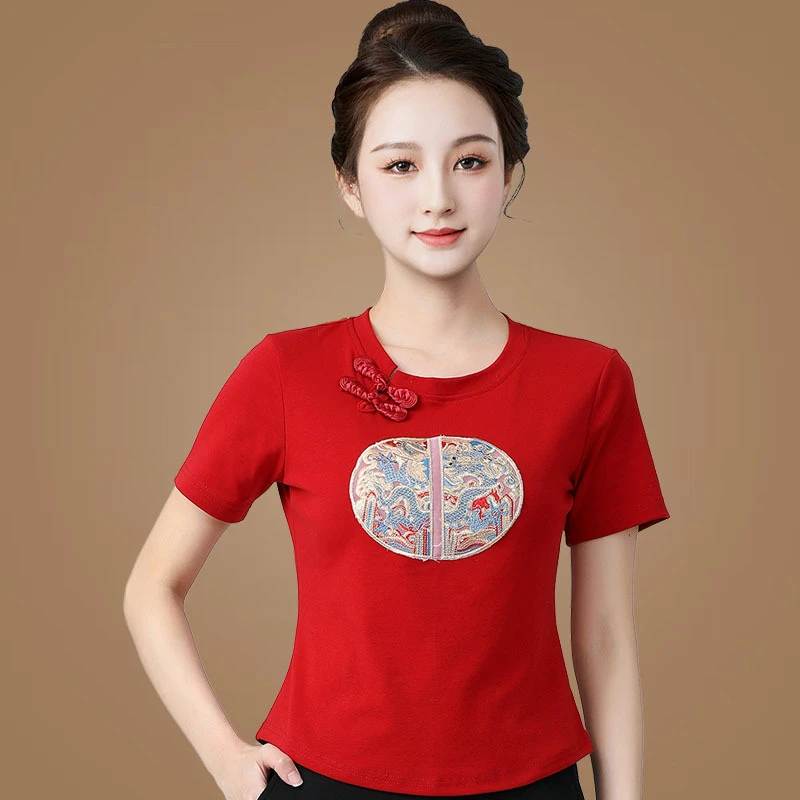 广场舞服装跳舞上衣国风古典刺绣棉舒适舞蹈服健身跳舞圆领上衣