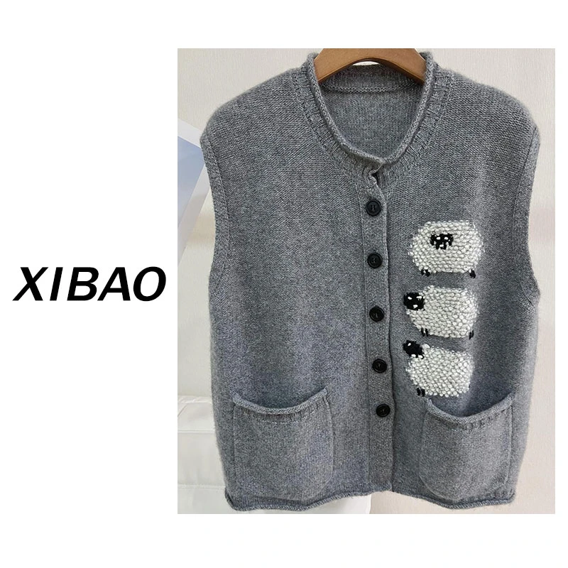 【100%纯山羊绒】圆领无袖开衫时尚钩花马甲针织衫YM