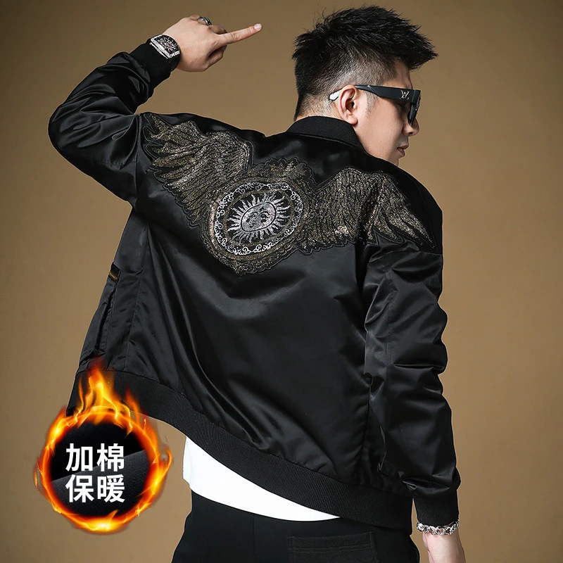 欧洲站高端品质刺绣立体口袋修身加棉男外套黑色新款休闲夹克