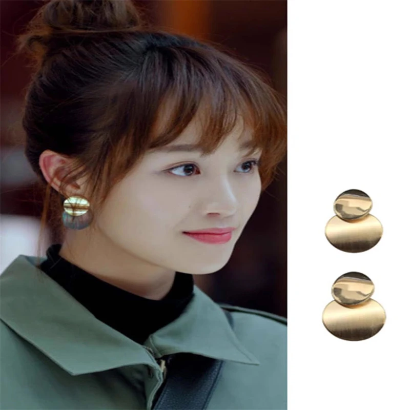 合金耳饰 流光之下蓝盈盈同款复古金属圆片耳钉几何圆形耳环