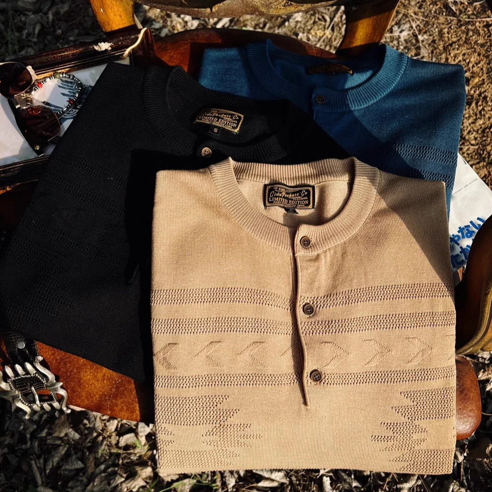 刺度 纳瓦霍提花50%天丝针织亨利衫美式复古短袖T恤