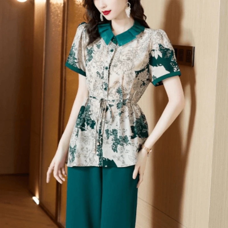 Y18女士短袖套装显瘦气质洋气时尚休闲夏季减龄阔腿裤两件套