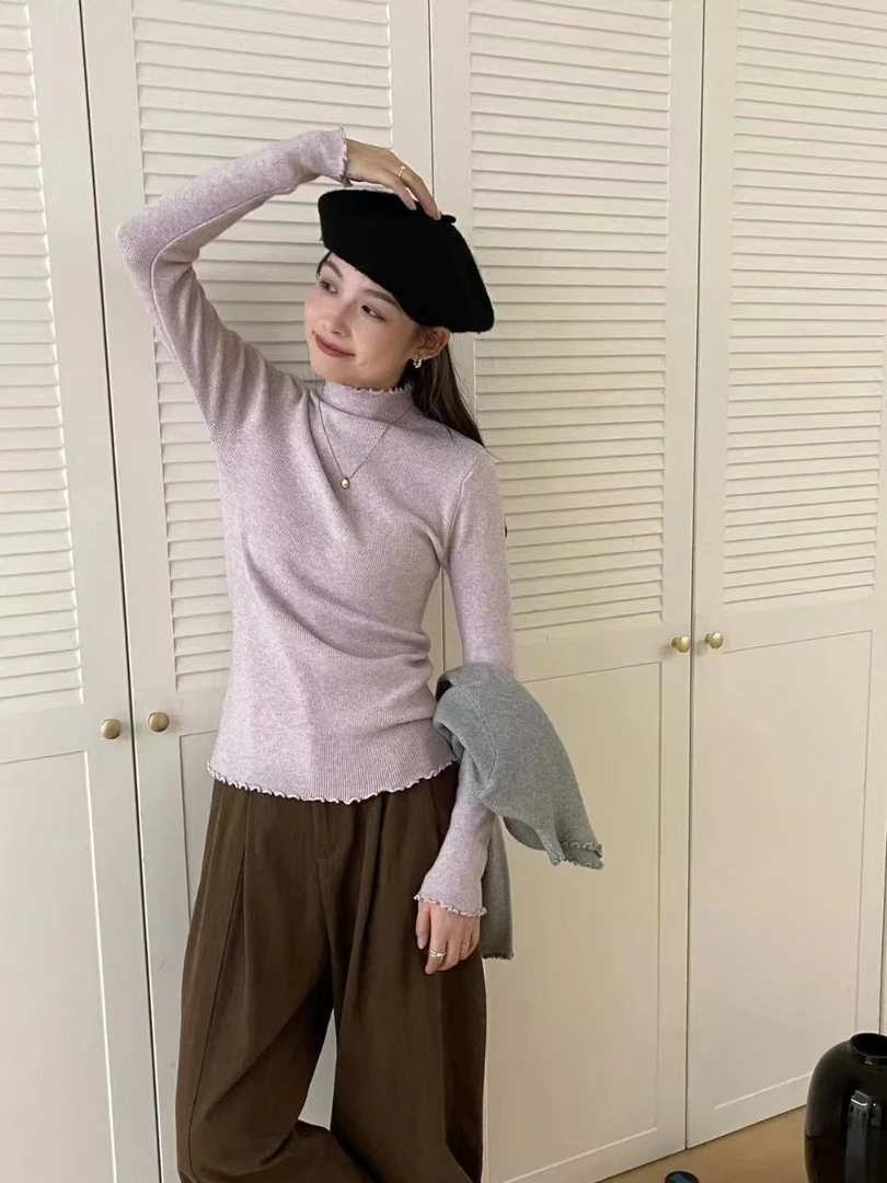 80805木耳边半高领无缝一体针织打底衫女秋冬修身显瘦内搭