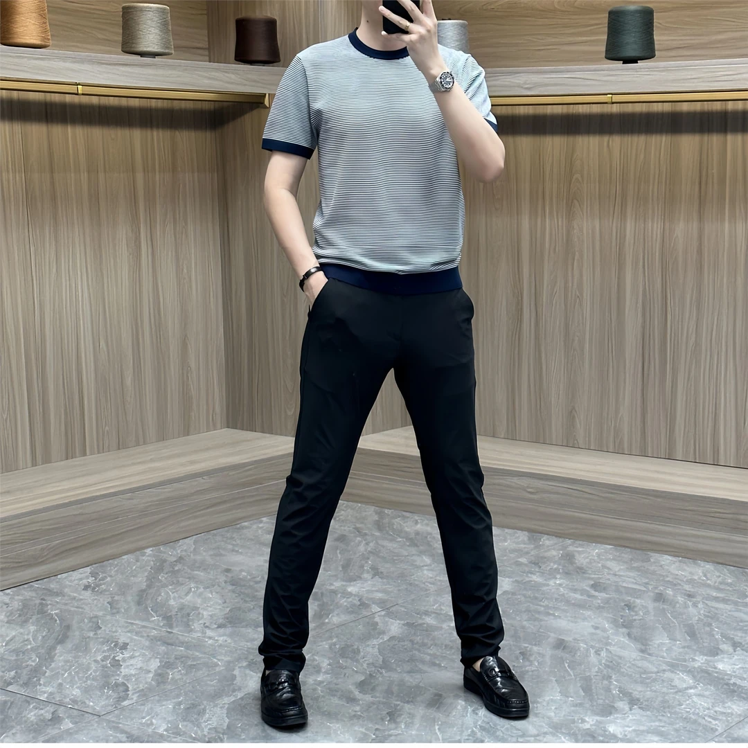 2024夏季拼色韩版男修身短袖T恤复古细条纹透气潮流百搭针织衫男