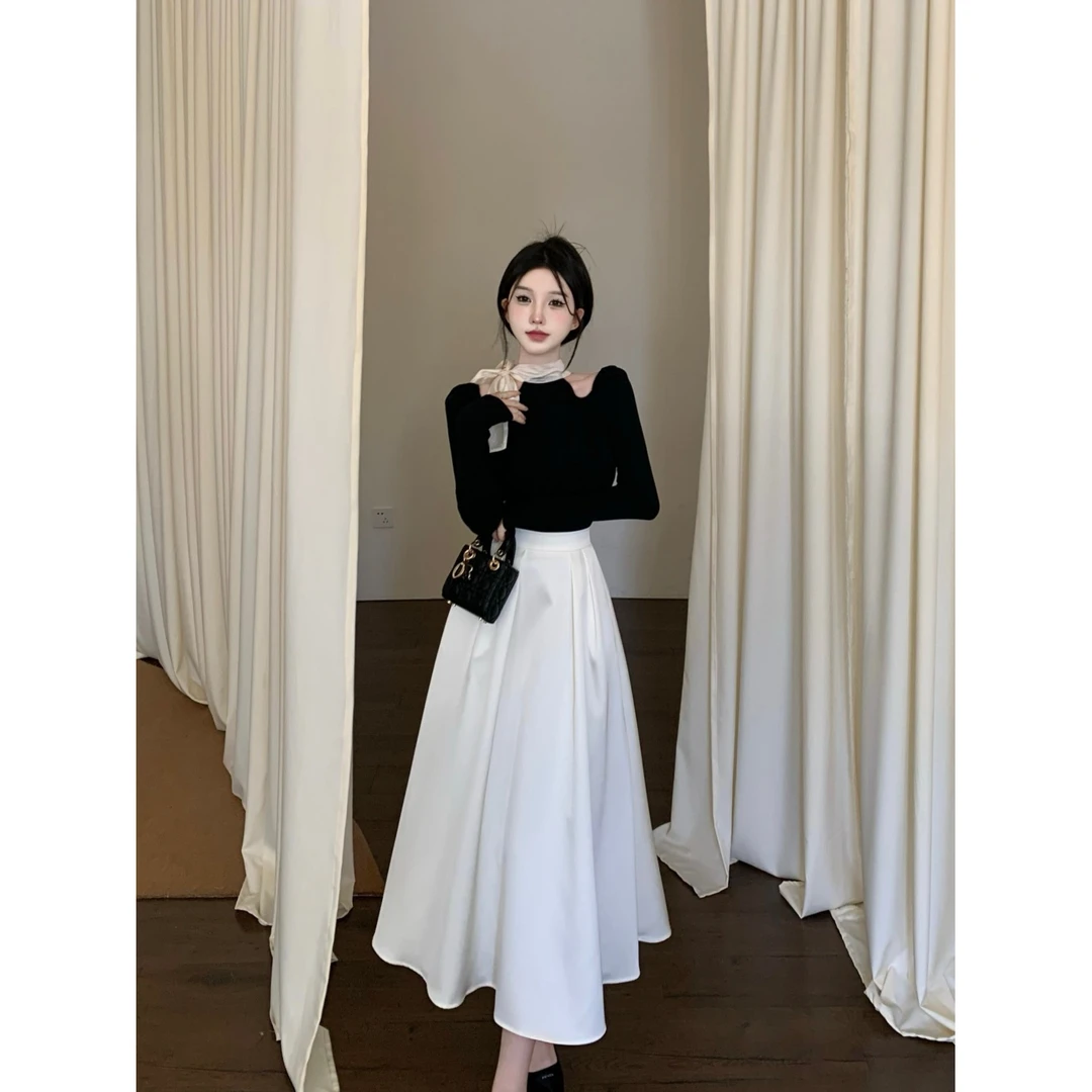 两件套衫长裙法式女小香风系带领长袖套装晚礼服大摆新款气质名媛