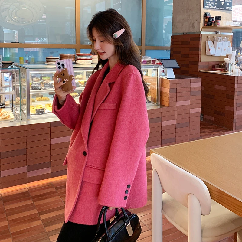 玫粉色双面羊绒大衣女冬季高级感韩版西装外套气质小个子加厚毛呢