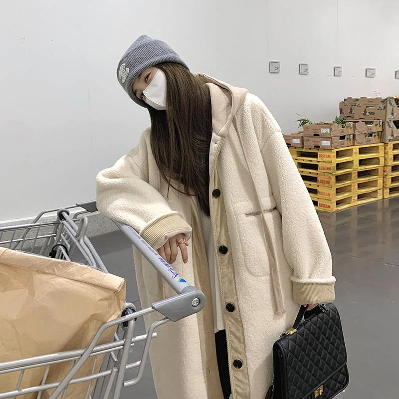 奶fufu羊羔毛大衣女秋冬2025新款韩系慵懒连帽中长款加绒加厚外套