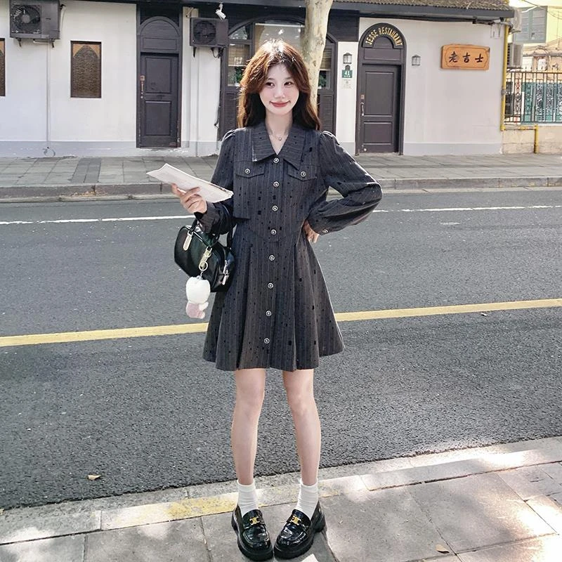 灰色格子连衣裙春秋女装2025新款韩系穿搭休闲时尚气质高级感裙子