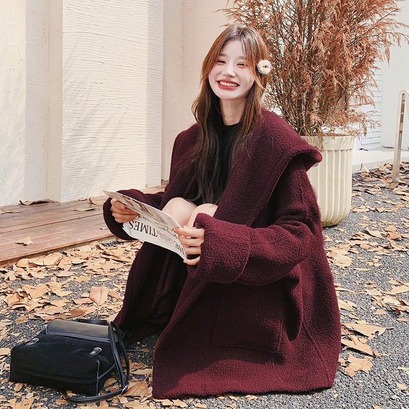 安可拉红韩版复古毛呢大衣女秋冬季2024新款宽松显瘦减龄呢子外套