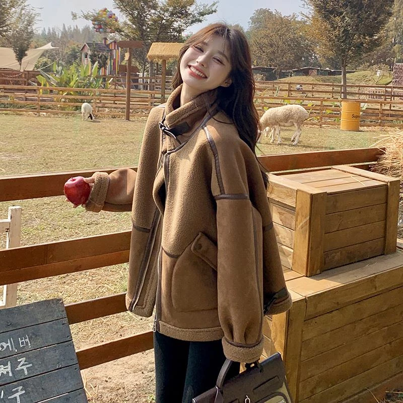 皮毛一体羊羔毛厚外套女2024新款爆款秋冬加绒短款鹿皮绒机车棉服