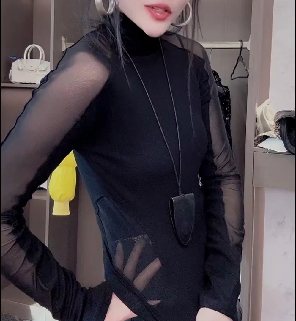 洋气性感透视漏肩网长袖打底衫【好物推荐】