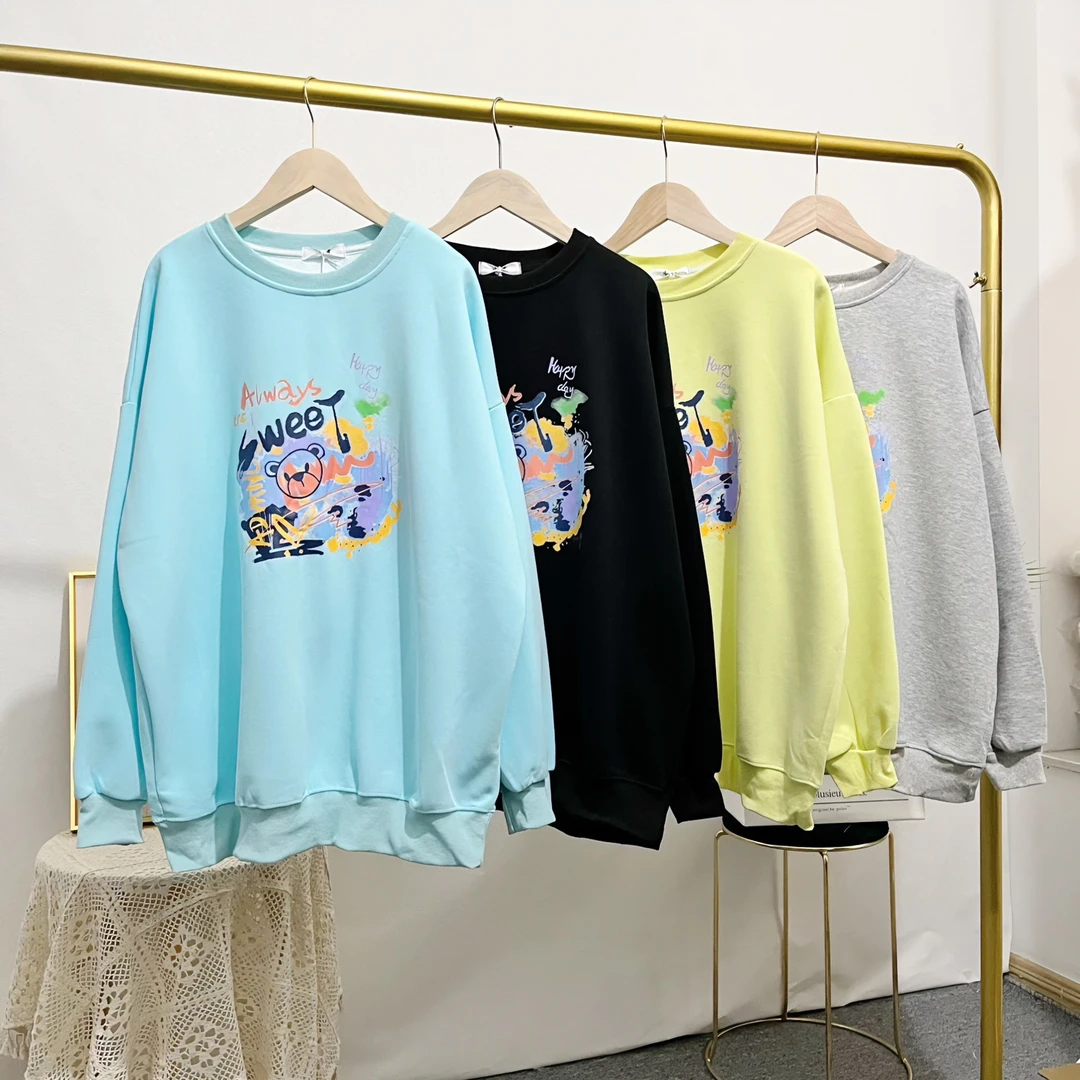 春秋卫衣女不加绒百搭宽松印花韩版圆领反领连帽棒球拉链外套休闲