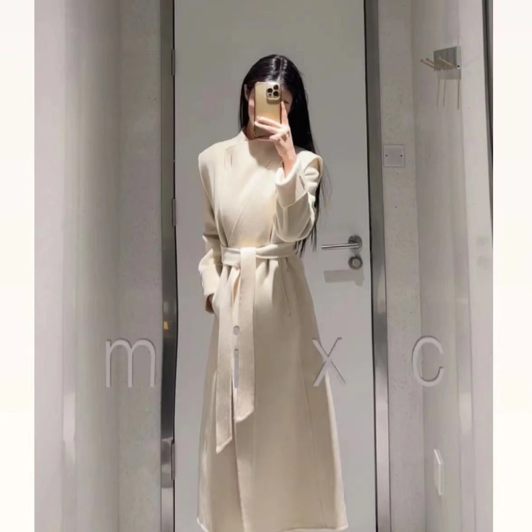 23年秋冬设计师修身收腰立领纯羊毛时尚中长款双面呢大衣M28302