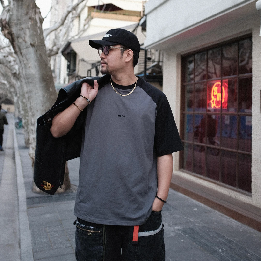 EMLESS24coolmax排汗速干透气插肩袖短袖T恤拼接休闲男女打底tee